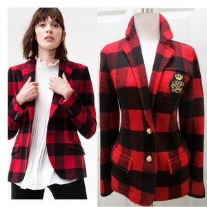 Ralph Lauren Buffalo Check Plaid Wool Knit Sweater Blazer Jacket Crest Rugby Lg